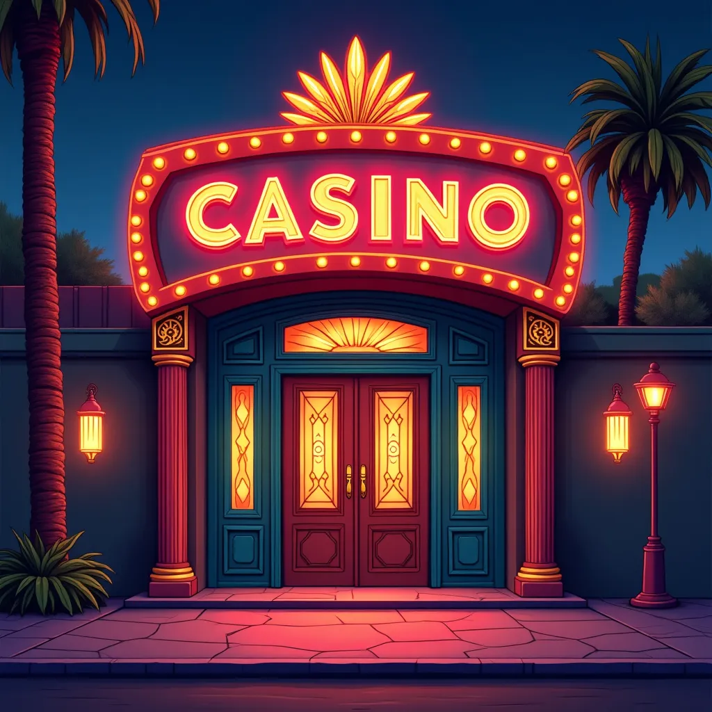 Cartoon casino entrance with neon lights